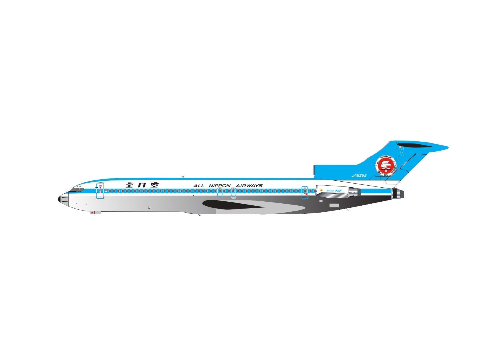 B727-200 ANA 全日空 モヒカン塗装 JA8355 ダイキャスト完成品モデル ※ギア付 木製台座・プレート付 1/200 [NH20155]