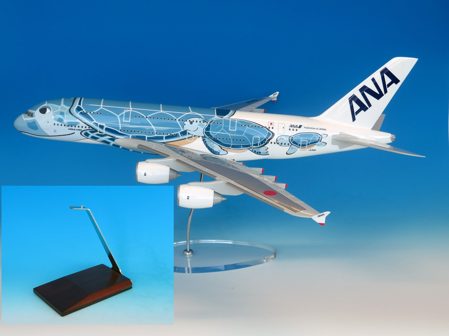 [Pre-order item] A380 ANA All Nippon Airways FLYING HONU ANA Blue *No gear WiFi radome with wooden base plate JA381A 1/100 (NH20231107) [NH00117] 