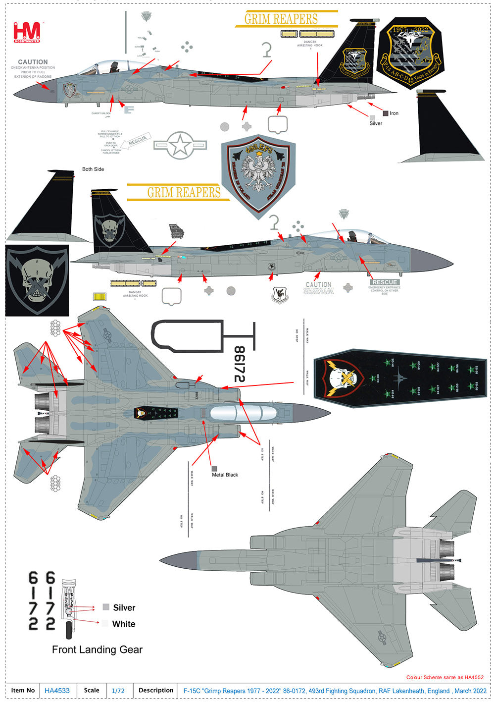 F-15C 48th Fighter Wing, 493rd Fighter Squadron, United States Air Forces in Europe, "Grim Reapers", special paint job "F-15 retirement commemoration", March 2022, RAF Lakenheath, England #86-0172 1/72 [HA4533]