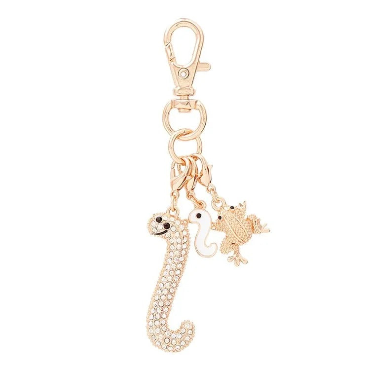 JAL Original Year of the Snake Sparkling Key Ring (with White Snake and Lucky Frog Charms) White [Antiere] [BJBJ1028]