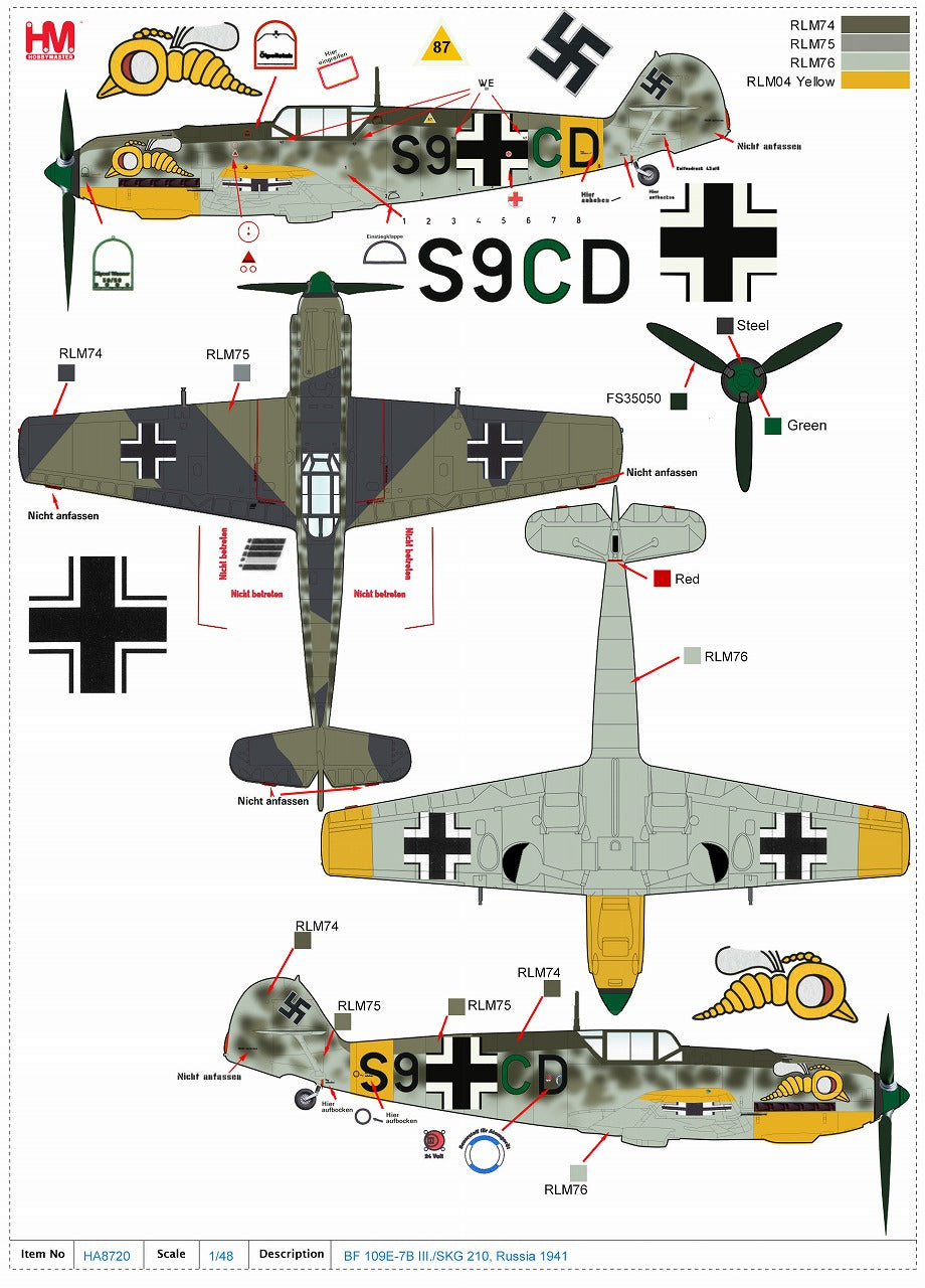 Bf109E-7B German Air Force No. 210 Fast Bomber Wing III Squadron Eastern Front 1941 S9+CD 1/48 [HA8720]